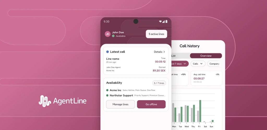 AgentLine logo and mobile app showing availability, active lines and call history
