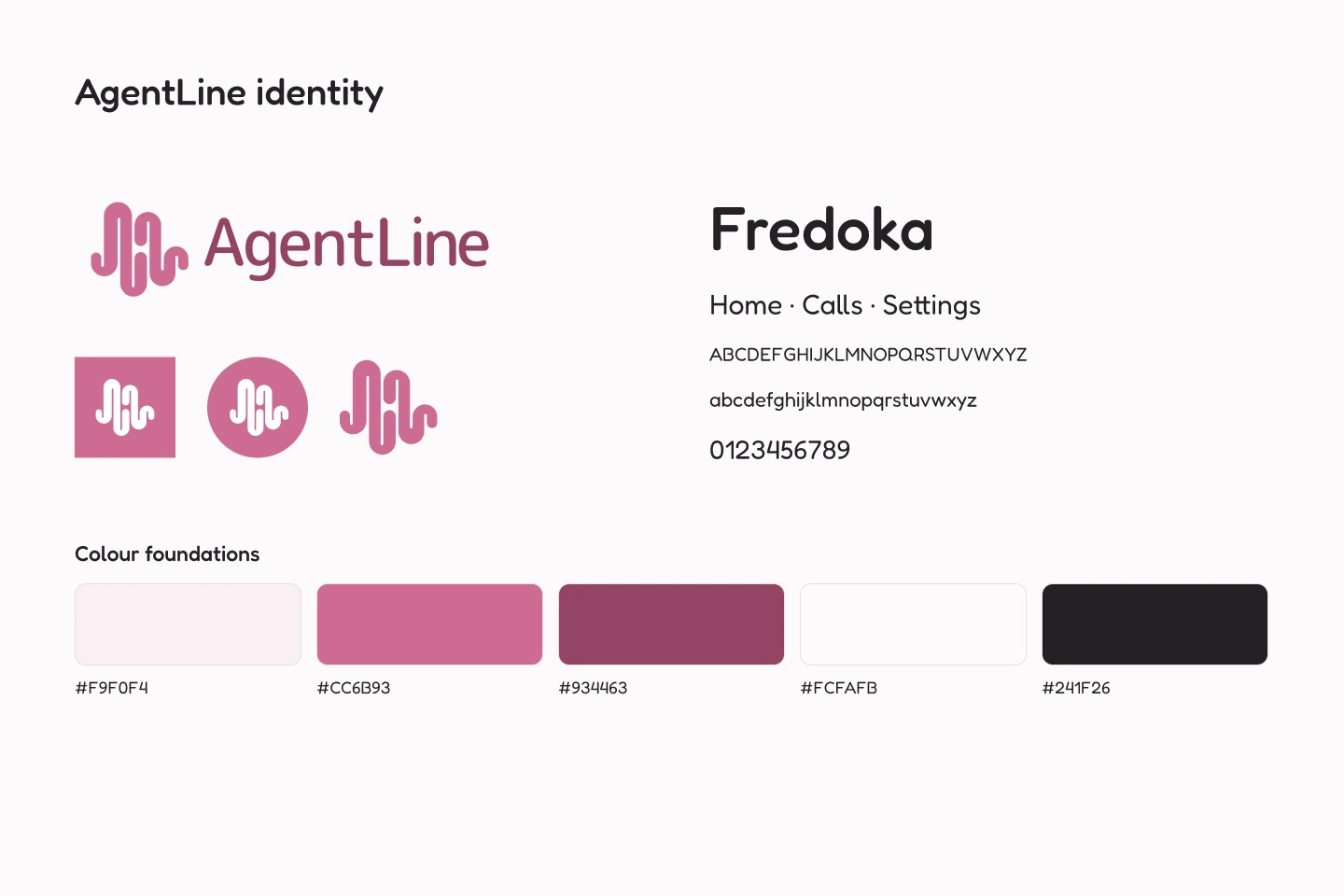 AgentLine identity with waveform logo, wordmark, icon variants, Fredoka typography and colour palette