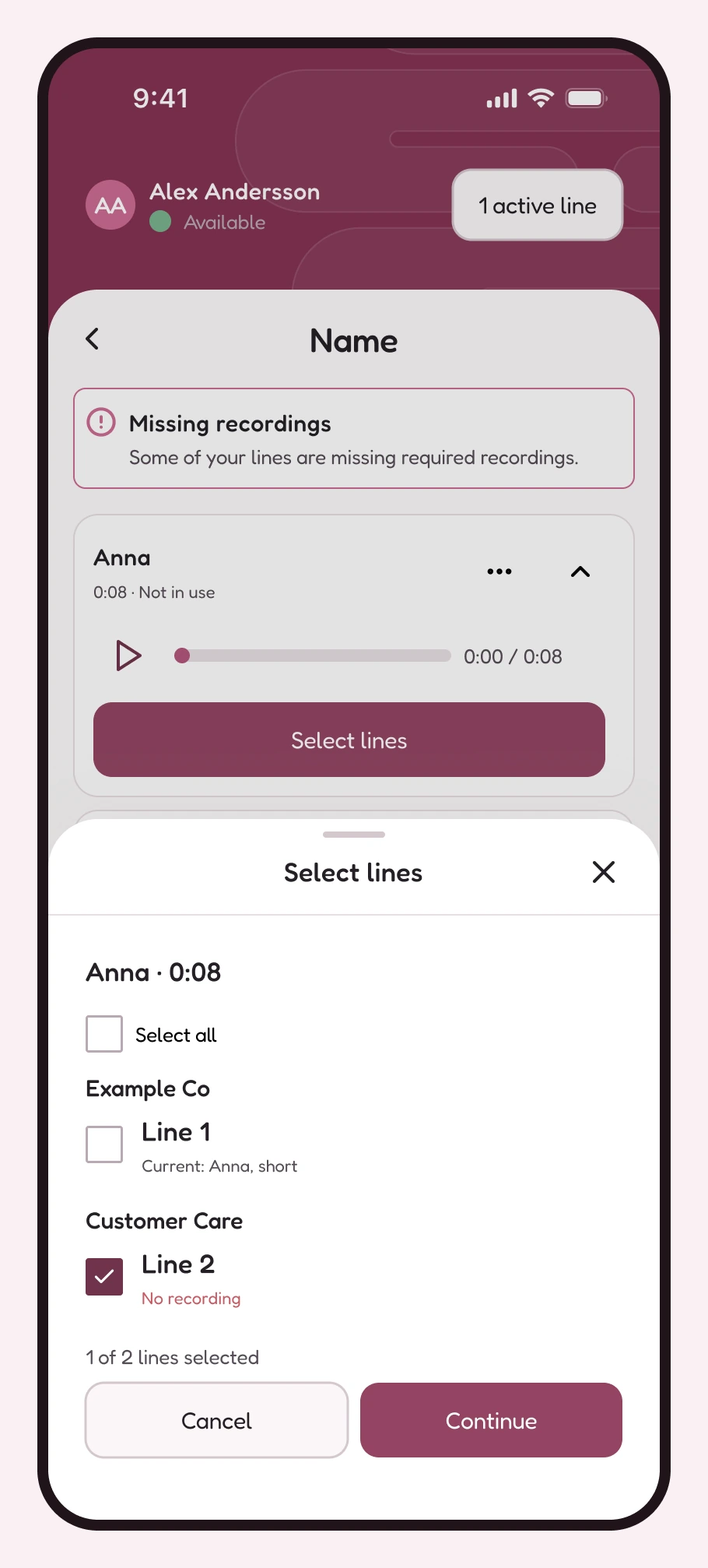 AgentLine line picker with one missing recording selected and an existing recording left unselected