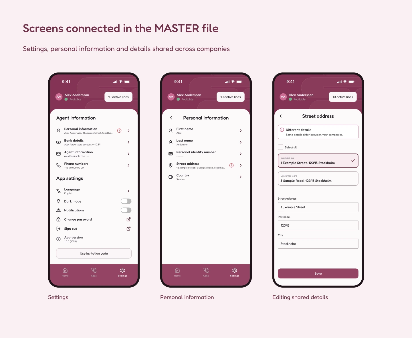 Three connected AgentLine MASTER screens: Settings, personal information and editing an address shared by two companies