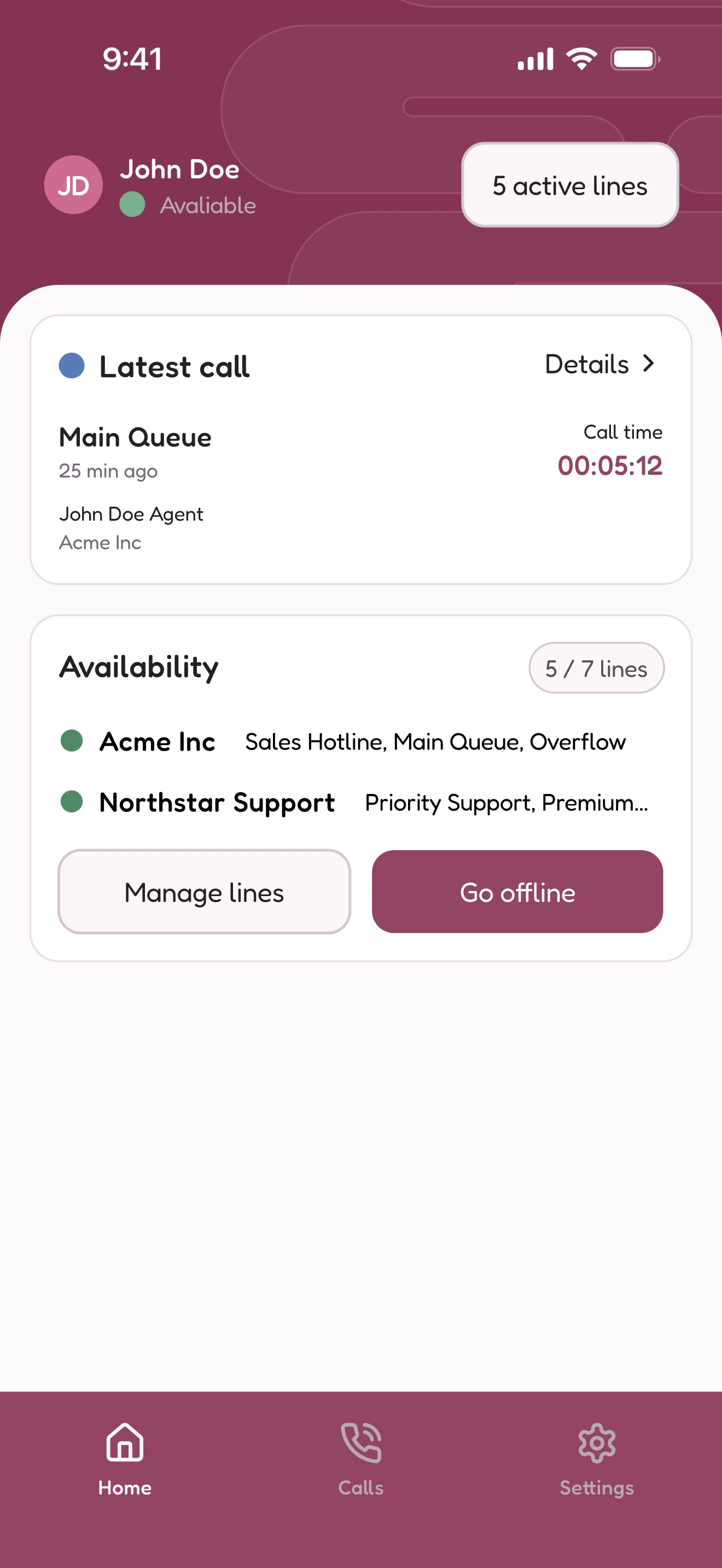 AgentLine App Store screenshot showing availability, latest call and lines grouped by company