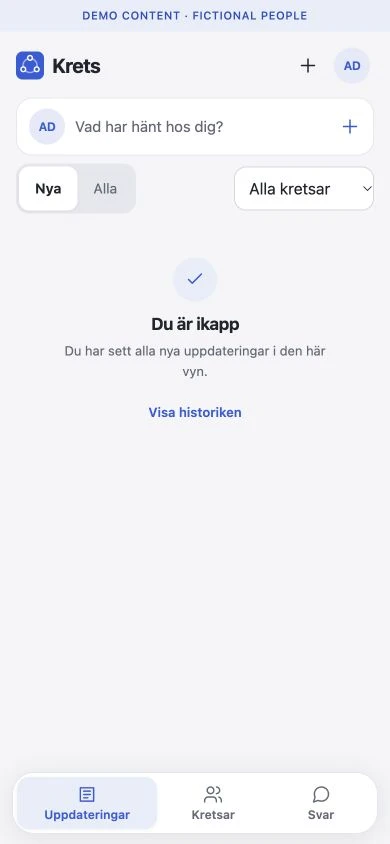 The app showing that all new updates have been read, using demo data