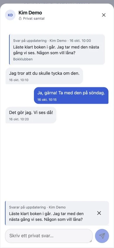 A private conversation linked to a shared update, using made-up messages
