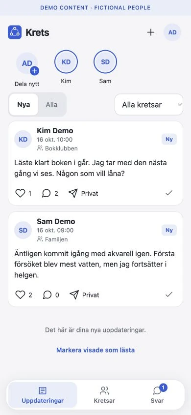 Updates shared with selected groups, using made-up people and posts